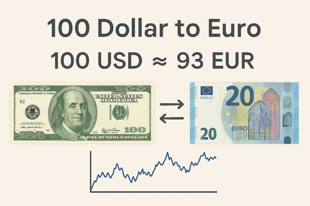 Image showing 100 US dollar bill next to 20 euro note with arrows indicating currency conversion and a trend chart below displaying exchange rate fluctuations