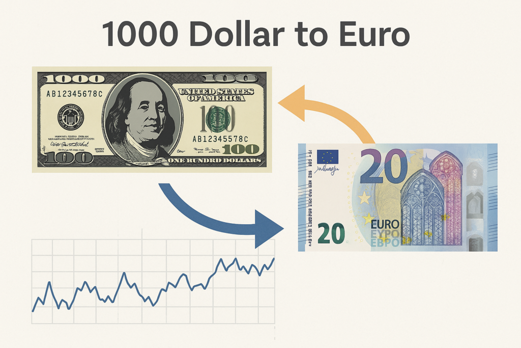 A 2D digital illustration visualizing currency conversion from 1000 US dollars to euros with USD and EUR banknotes, arrows, and a line graph indicating exchange rate trends.