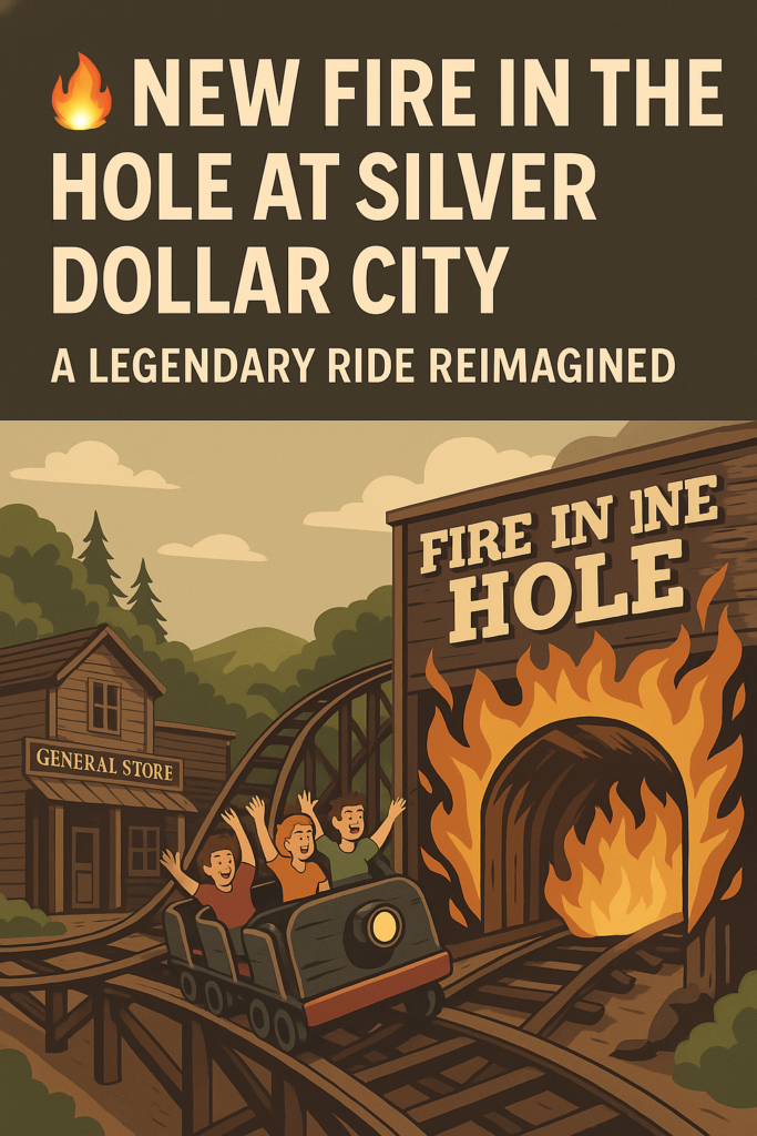 Illustration of the reimagined Fire in the Hole roller coaster at Silver Dollar City, showing excited riders entering a fiery tunnel in a rustic Western-themed setting.