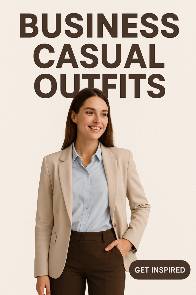 Smiling woman wearing a beige blazer, light blue shirt, and dark trousers – example of a business casual outfit